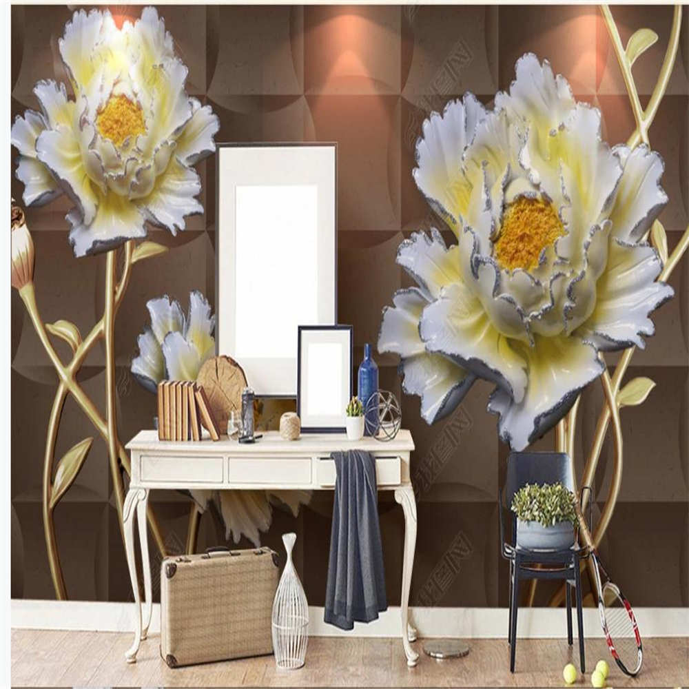 3D three-dimensional simple and elegant peony flower wallpapers embossed background wall decorative painting