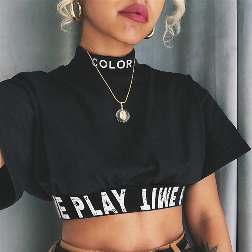 Women Summer Letter Print Patchwork T-shirt Short Sleeve Navel Bare Crop Tops Sexy Casual Stand Neck Fashion T Shirt 210708, White2
Women Summer Letter Print Patchwork T-shirt Short Sleeve Navel Bare Crop Tops Sexy Casual Stand Neck Fashion T Shirt 210708, White2