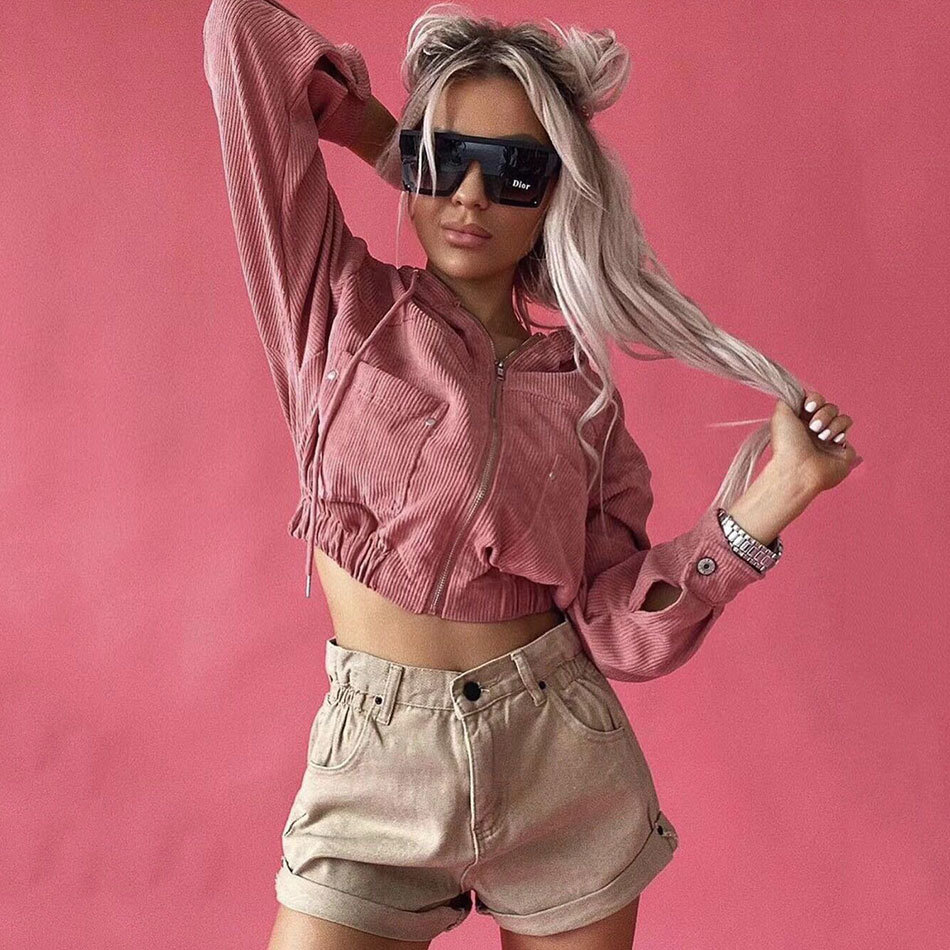 Free Women's Corduroy Hooded Jacket Fashion Bat Long Sleeve Pocket Loose Short Sportswear 210524