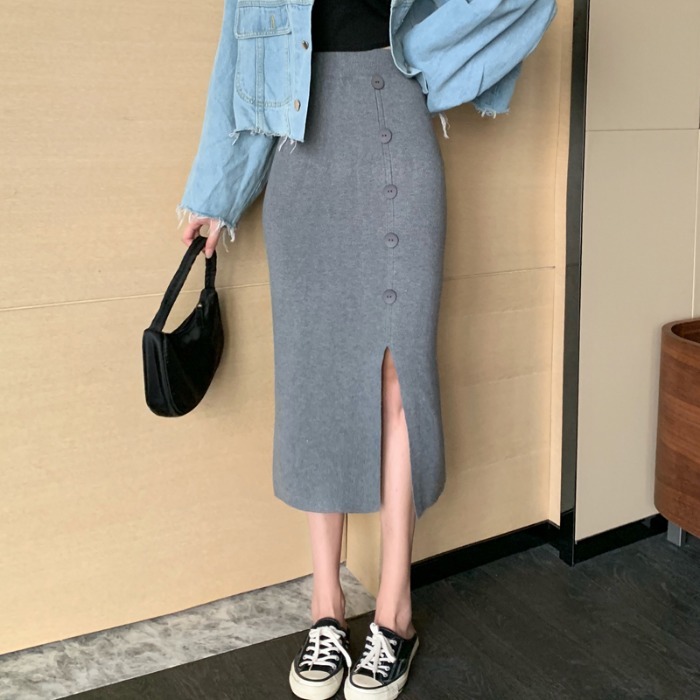 Nomikuma Autumn Winter Women Sweater Skirts Korean Buttons Split High Waist Slim Knitted Skirts Fashion Faldas Mujer 6D269 210427