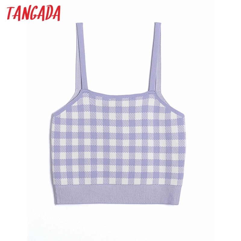 Women Purple Plaid Knit Camis Crop Top Spaghetti Strap Sleeveless Backless Shirts Female Casual Tops 6H11 210416