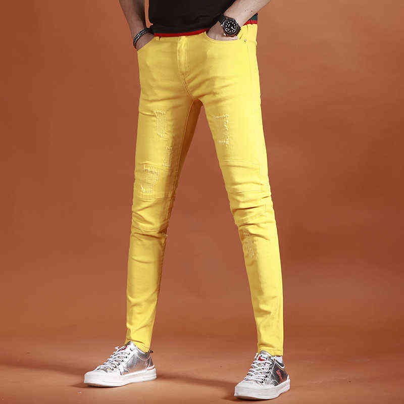 Yellow Jeans Men Fashion Slim Fit Straight Pants Summer Streetwear Thin Ripped Patch Denim Trousers 211111