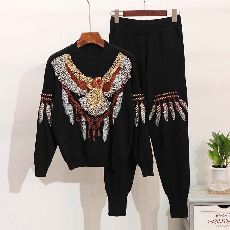 Women's Tracksuits Spring Autumn Fashion Knitted Sweater Two Piece Set Women Streetwear Eagle Beading Tops + Casual Pants 2 Pc For G377, Black
Women's Tracksuits Spring Autumn Fashion Knitted Sweater Two Piece Set Women Streetwear Eagle Beading Tops + Casual Pants 2 Pc For G377, Black