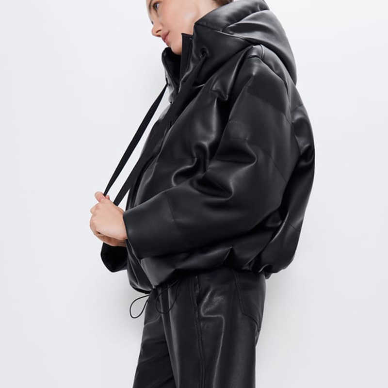 LY VAREY LIN Winter Women Faux Leather Padded Hooded Coat Thick Warm PU Zipper Loose Oversized Jacket Casual Windbreak Outwear 210526