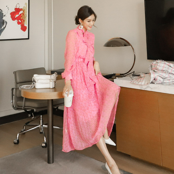 Spring Women's Pink Chiffon Print Lace Up Bow Casual Pleated Dress Elegant Long Sleeve High Waist Vestidos Dresses 210519