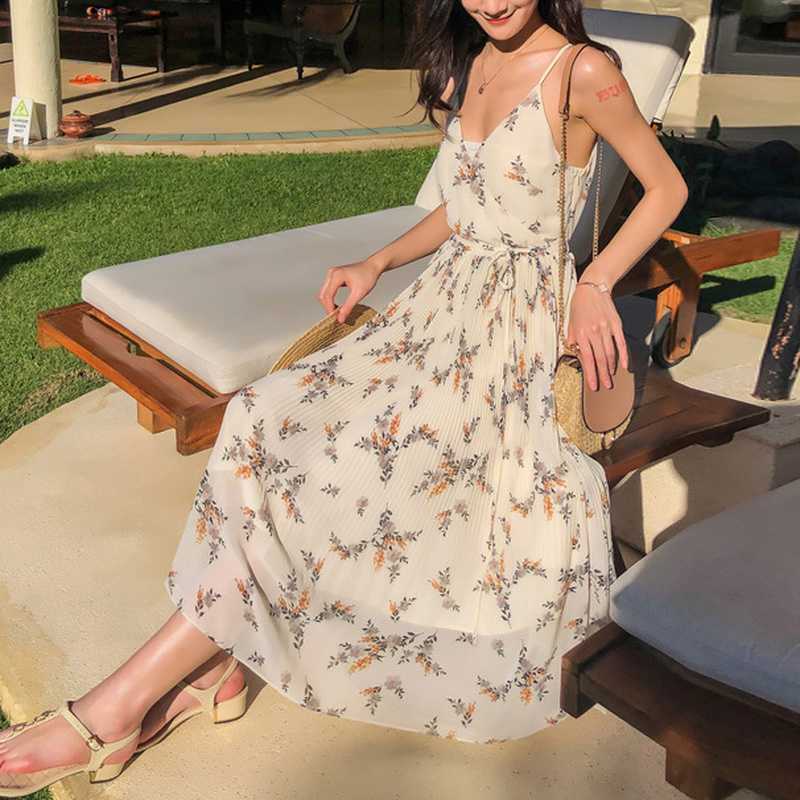 Casual Beach Style Sweet Camisole Pleated Dresses for Women Elegant Print Chiffon Silm Waist Office Lady Vestidos 210525