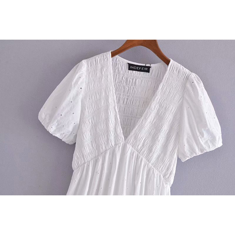 Women Embroidery Dress Hollow Out Short Sleeve V-Neck Maxi Dresses Chic Lady Casual Fashion Clothes 210517