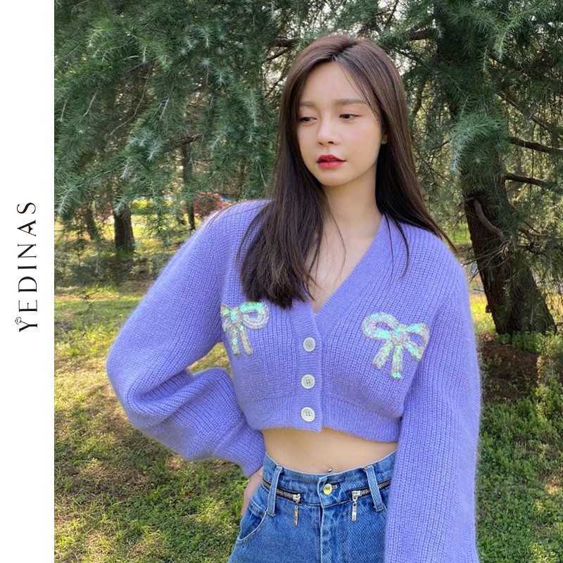 Yedinas Korean Style Cropped Cardigan Harajuku Sexy Short Sweater Women V-neck Lantern Sleeve Purple Cardigans Ladies Bowknot 210527