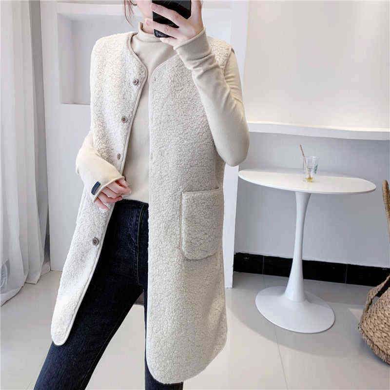 Winter Long Vest Jackets Lamb Wool Thicken Waistcoat Women Button Up Single Breasted Pocket Outwear Sleeveless Coat Garment 211120