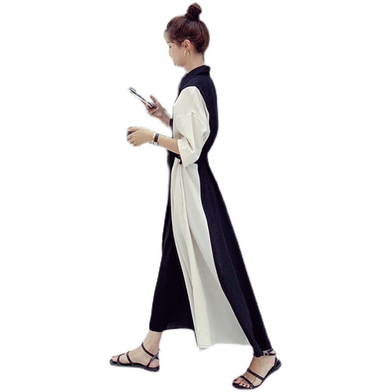 Stitching Color Long Dress For Women Summer Lapel Large Size Dresses With Belt Female Korean Fashion 2D1675 210526