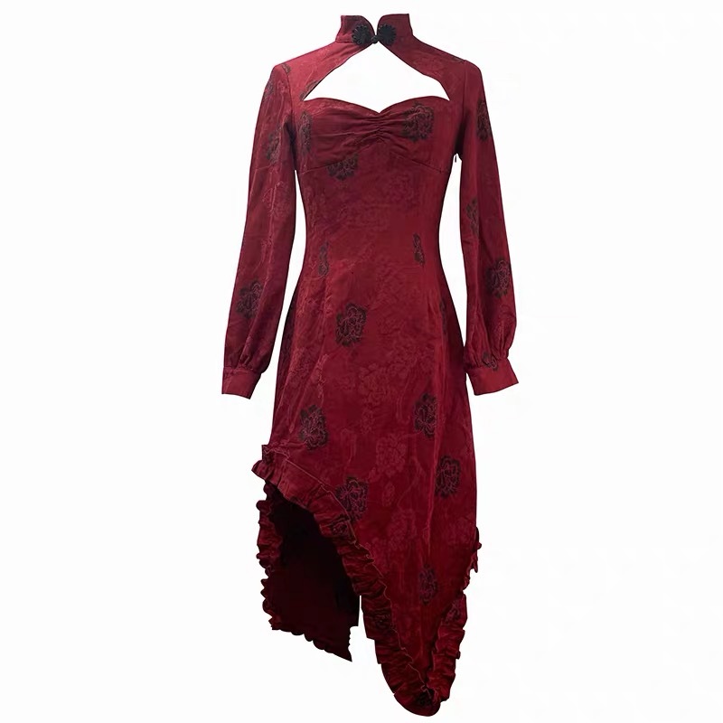 arrival Qipao Dress Women's Flower Embroidery slim hollow out sexy Asymmetric Tunic Party Prom midi Red 210421
