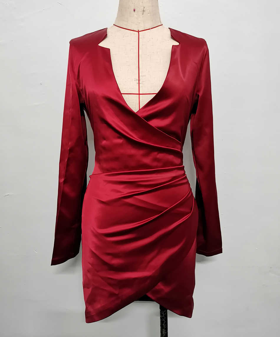 Summer Fashion Burgundy Black Deep V Neck Long Sleeve Bodycon Lady Draped Mini Dress Sexy Club Wear 210525