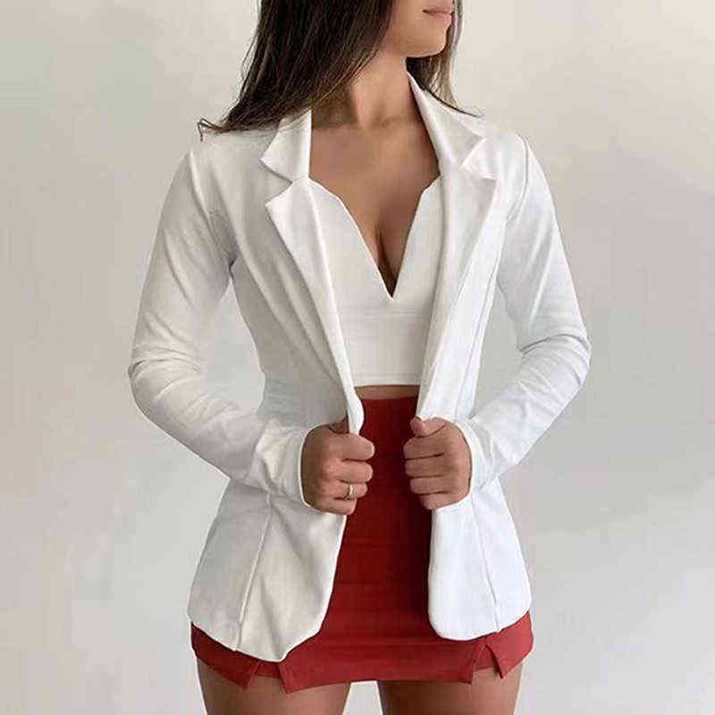 Women Blazer White Coat Long Sleeve s Single Button Office Lady Jacket Female Tops Suit Femme Jackets 211122