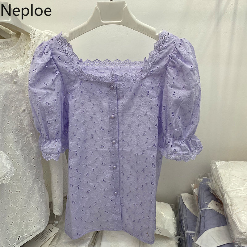 Neploe Women Blouse Embroidery Lace Square Collar Pearl Button Shirt Summer Vintage Tops Hollow Out Casual White Blusas Mujer 210422