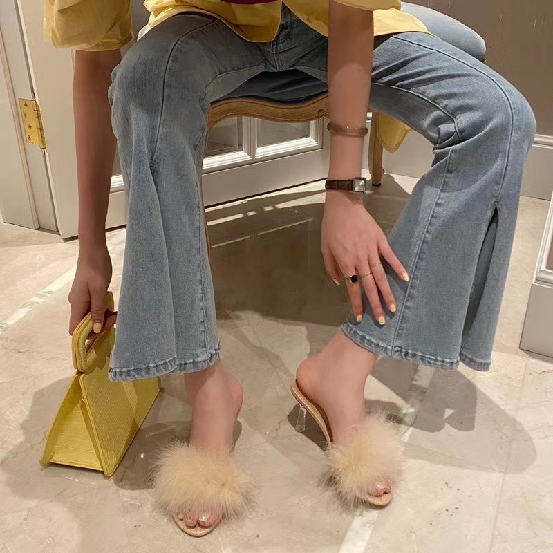 Elegant Fur Women Slides Slippers Open Toe Clear Thin High Heels Pumps Purple Sandals Dress Shoes Fashion Summer Slides Mules 210513