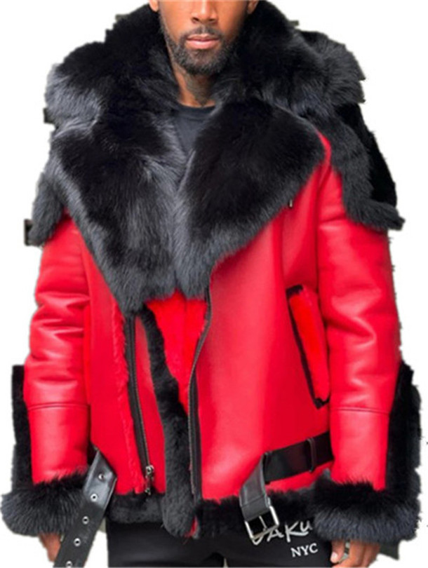 Mens Jackets Leather Winter Jacket Thicken Velvet Fur Collar Hooded Zipper Color Block Patchwork Fashion Red
Mens Jackets Leather Winter Jacket Thicken Velvet Fur Collar Hooded Zipper Color Block Patchwork Fashion Red