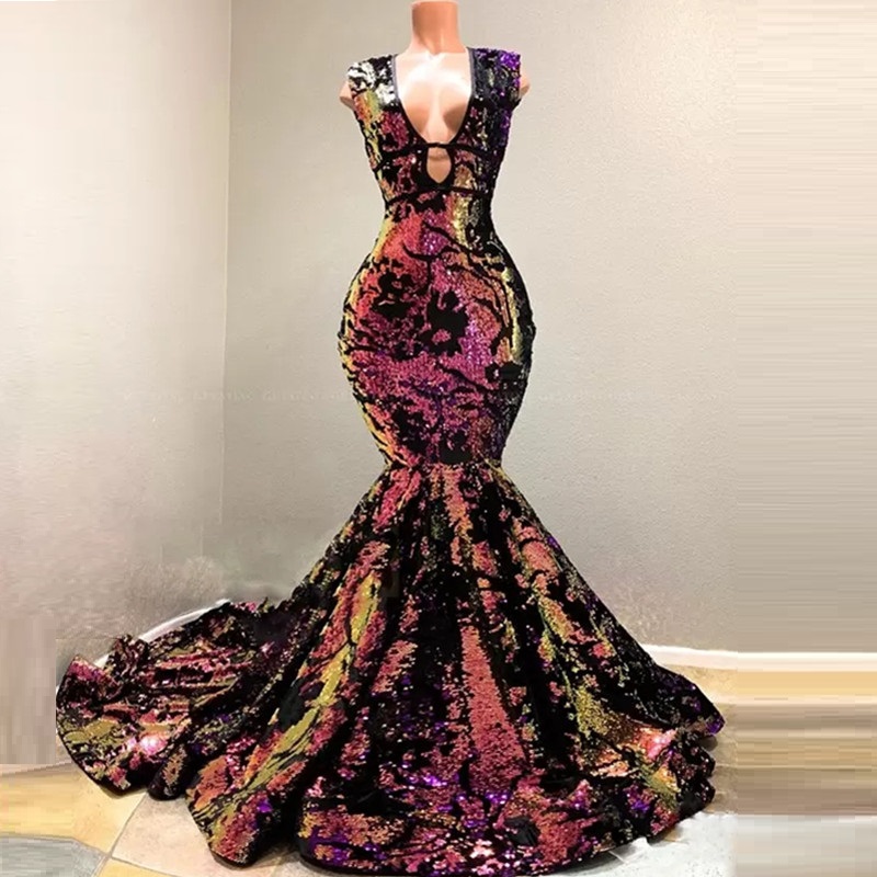 Sparkly Sequin Velvet Mermaid African Prom Dresses Vestidos de gala Sexy V-Neck Court Train Black Girls Evening Party Dress