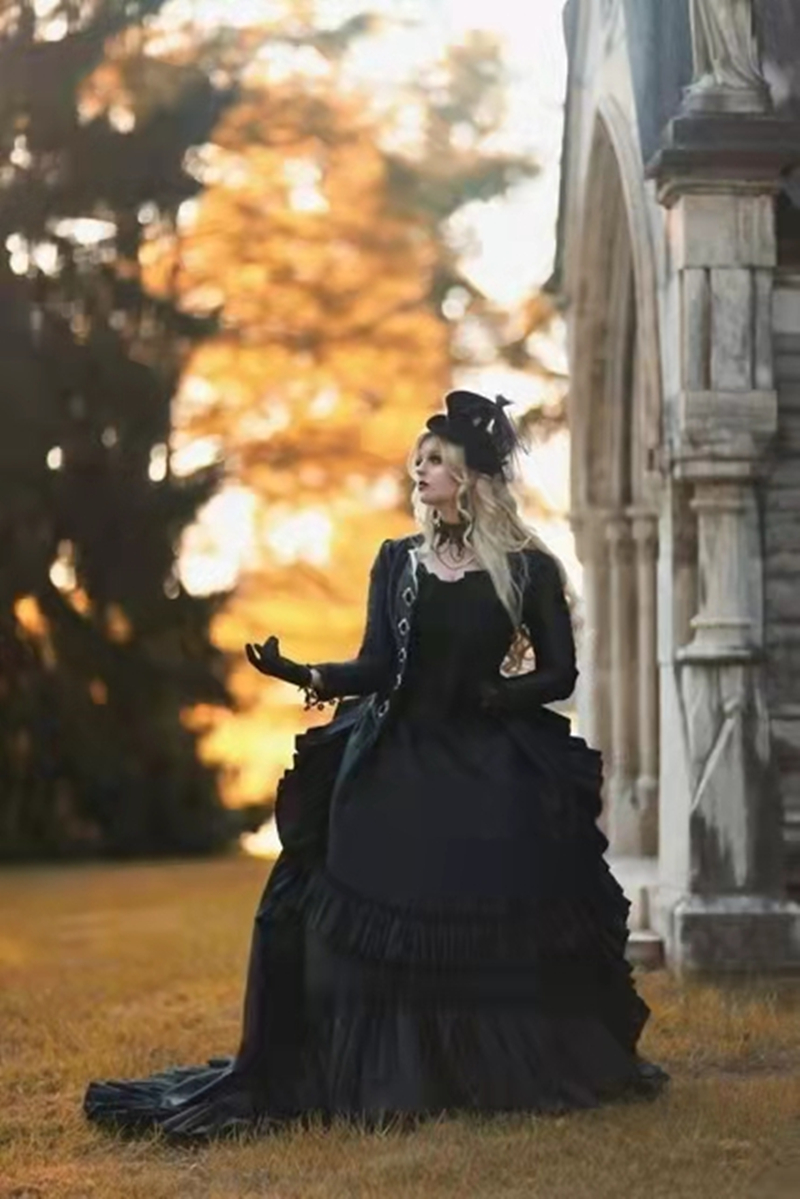 2022 Vintage Medieval Victorian Black Ball Gown Wedding Dresses For Women Gothic Pleats Corset Wedding Gowns With Long Sleeve Jacket Royal Bridal Dres