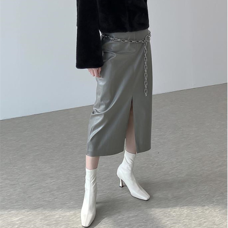 OL Elegant Women High Waist Vintage Fashion Split Pu Leather Skirt Autumn Winter Work Wear Solid Long Skirts Womens 210421