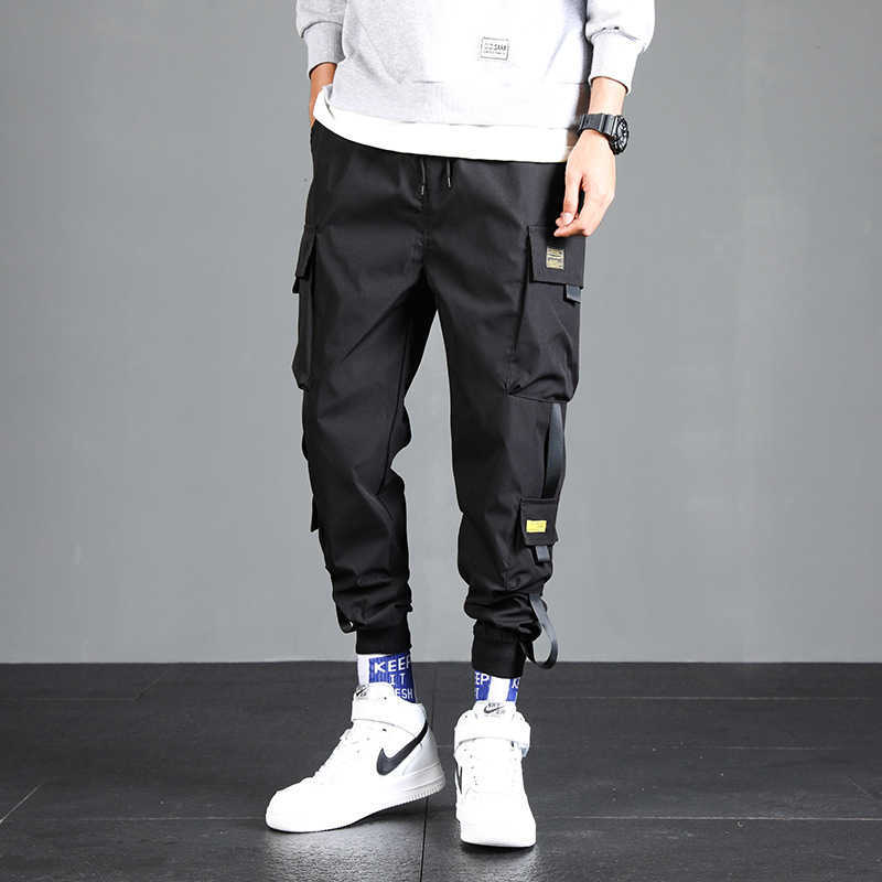 2021 Ribbons Harem Joggers Men Cargo Pants Male Harajuku Fashion Trousers Streetwear Hip Hop Casual Pockets Track Pants S-5XL X0723