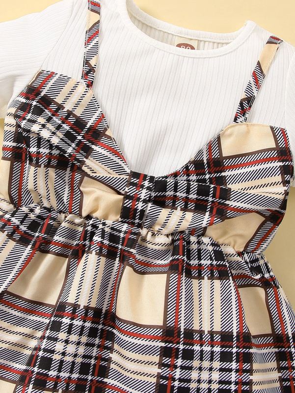 Baby Solid Tee & Plaid Print Cami Dress SHE