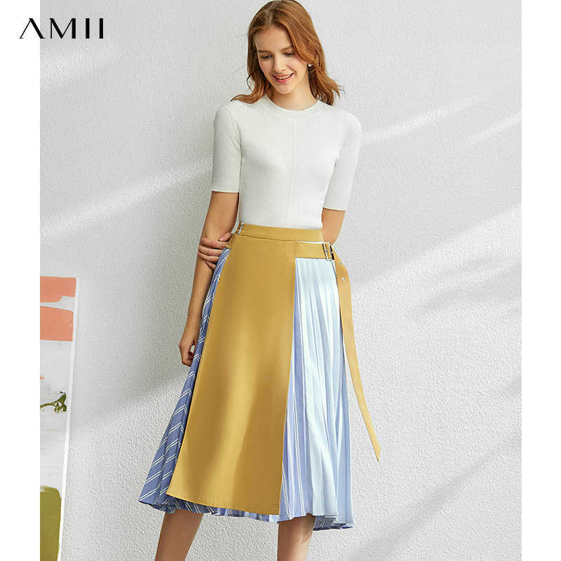 Minimalism Fashion Splice Denim Skirt Spring Summer Women's skirt High Waist Pleated Female 11970291 210527