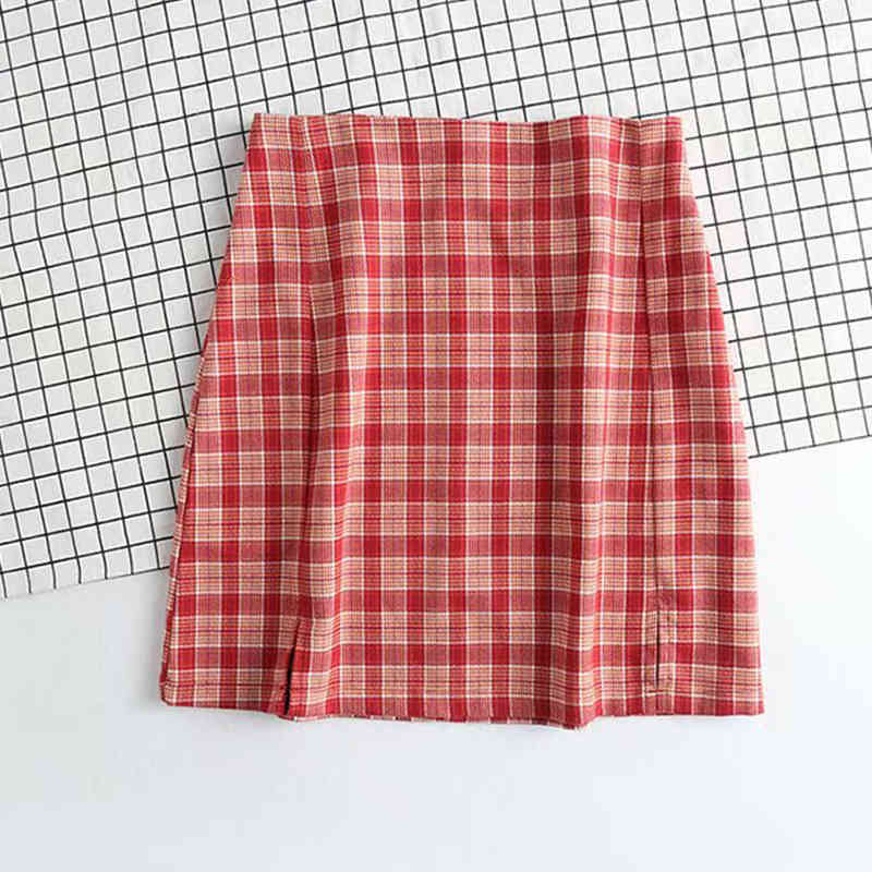 Women checked mini skirt with two small front slits plaid cut cara summer beach vintage retro spring short 210427