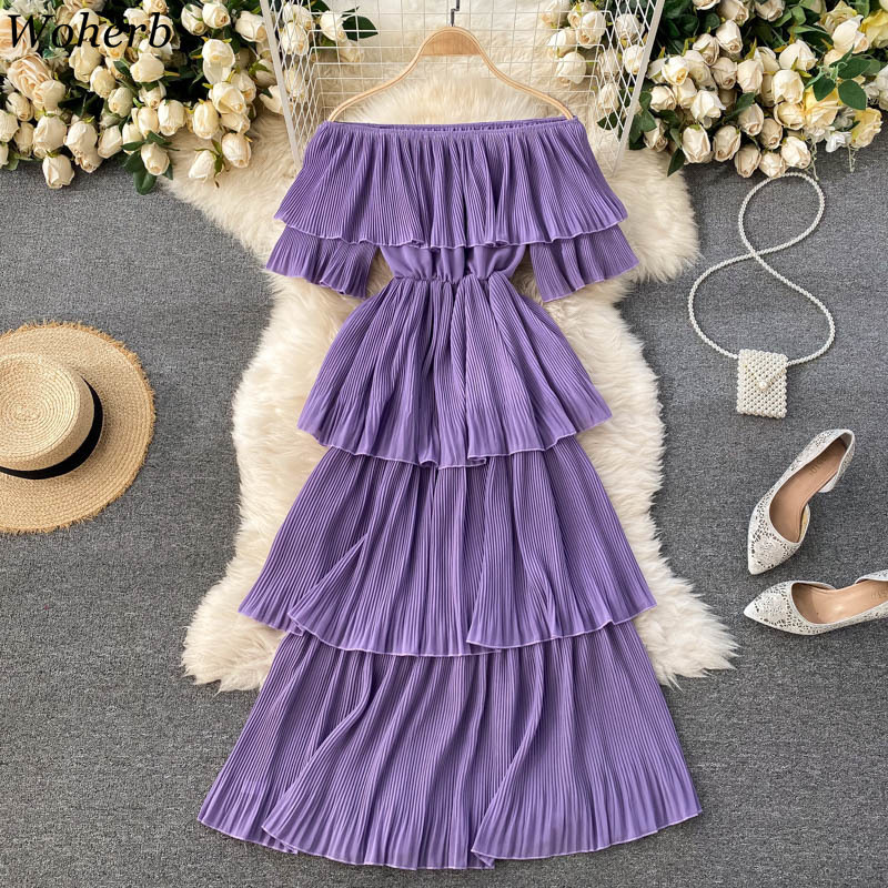 Summer Dress Women Robe Femme Off Shoulder Elegant Cake Dresses Slim Waist Korean Beach Style Solid Vestidos Mujer 210519