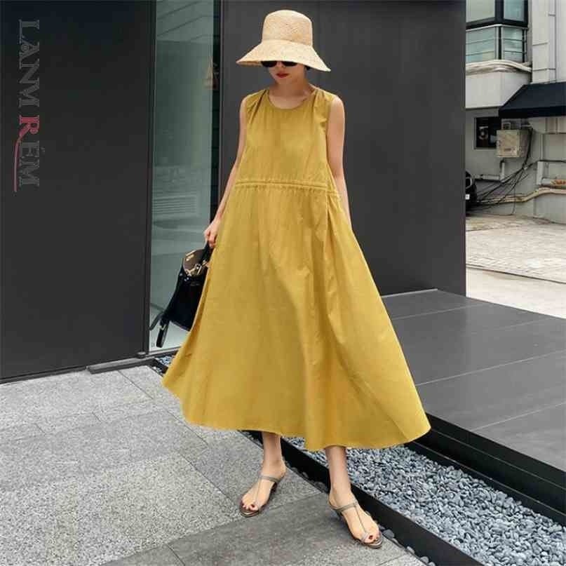 Casual Sleeveless Solid Color Drawstring Round Neck A-E Midi Dress