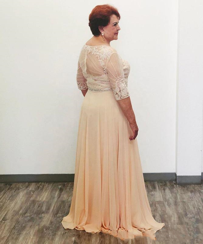 Plus Size Chiffon Mother Of The Bride Dresses A Line Crystals Belt Deep V Neck Formal Evening Gowns With 3/4 Long Sleeves Beach Wedding Guest Dress