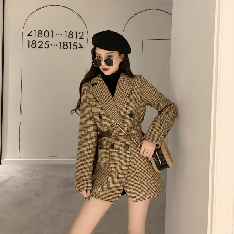 Vintage Double Breasted Office Ladies Plaid Blazer with belt Long Sleeve Houndstooth Suit Coat Jacket Women blazers Female 210519