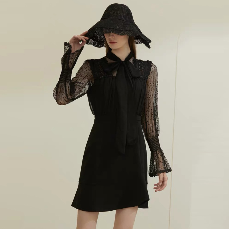 Party Black Bacless Dress Women Bow Collar Lace Poka Dot Patchwork Flare Sleeve Ruffle Robe Mini Vestido 210421