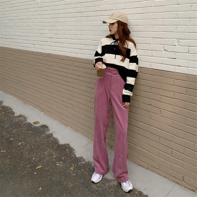 Pink Women Corduroy Bottom OL Solid Loose Thicken Straight High Waist Plus Size Chic Pants Casual Trousers Femme 210421