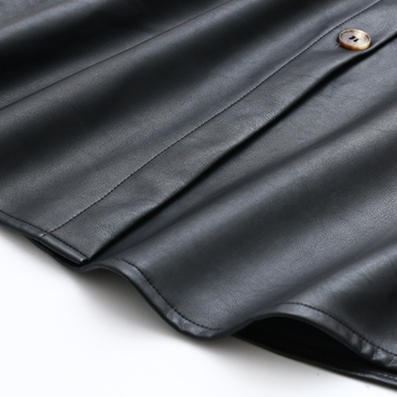 Women Patch Pocket Black PU Leather Shirt Female Short Sleeve Blouse Fashion Lady Loose Tops Blusas S8779 210430