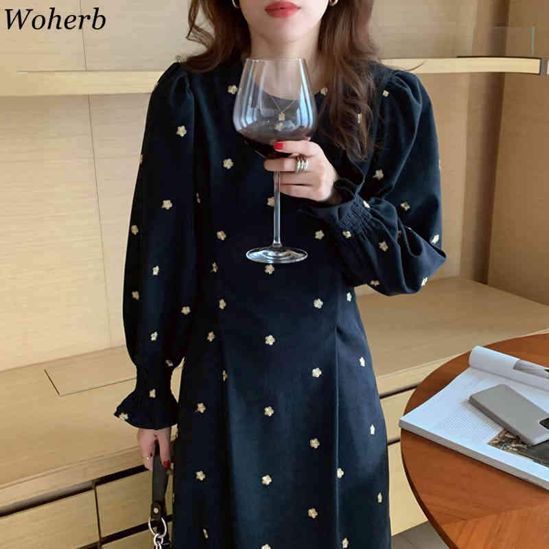 Korean Chic Long Puff Sleeve Maxi Dress Women Vintage Floral Embroidery Black High Waist Dresses Vestidos De Mujer 210519