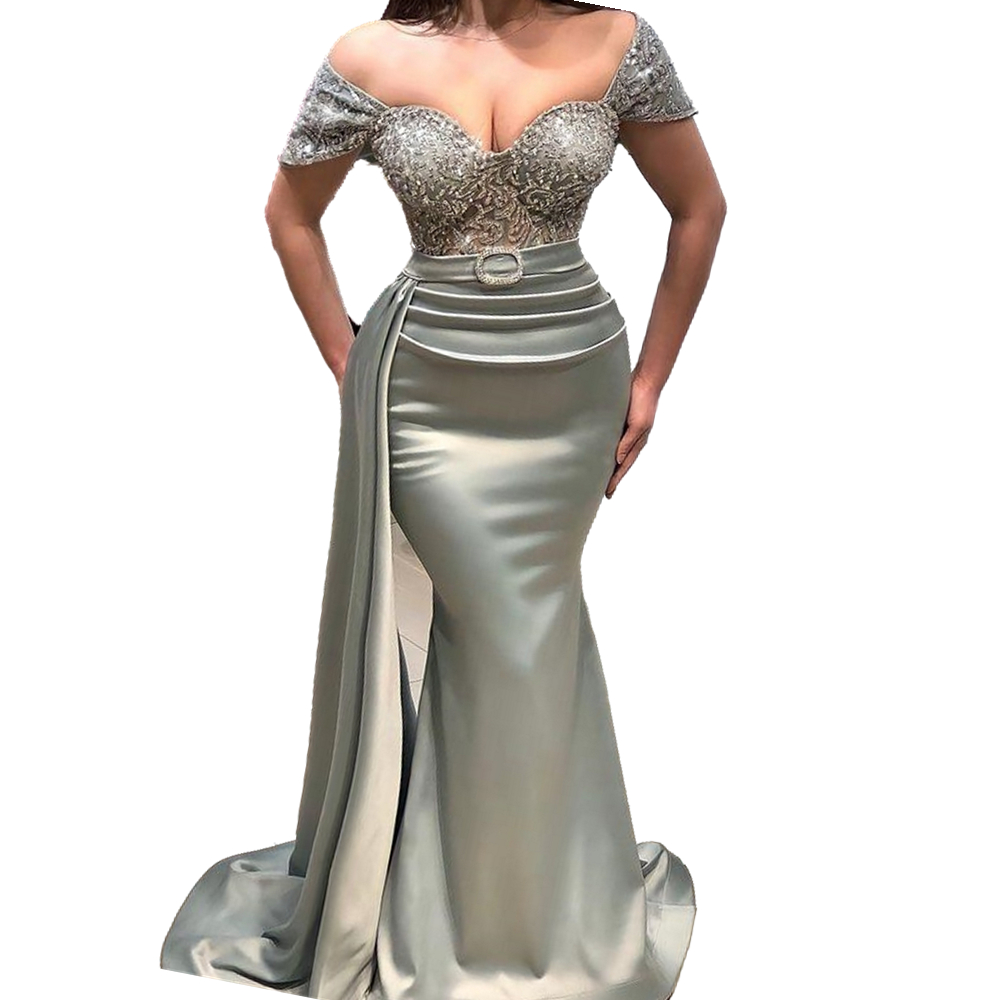 Aso Ebi Silver Grey Mermaid Evening Dresses Off Shoulder Detachable Peplum Women Formal Occasion Wear Lace Appliques Beaded Satin Prom Party Dress Rec