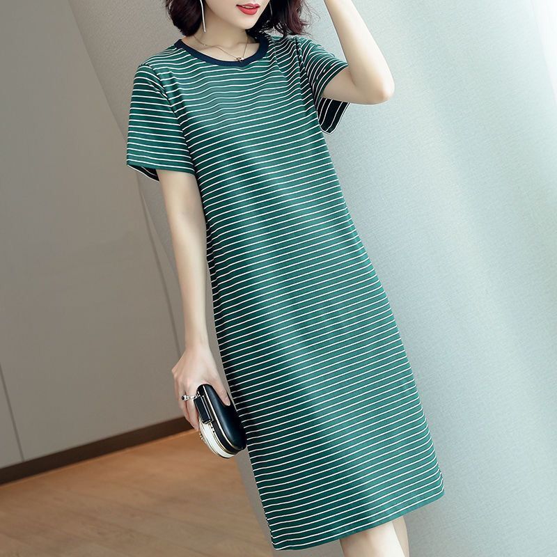 Summer Women Dresses Casual Short Sleeve O-Neck Striped Plus Size Loose Straight Tshirt Female Solid Midi Cotton 210522