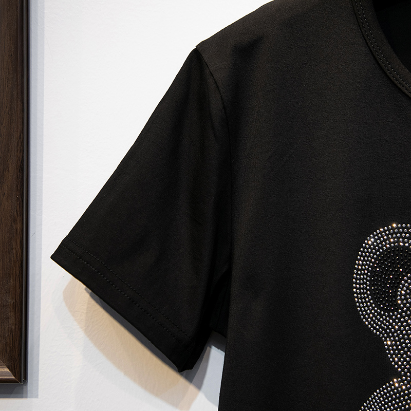 Summer Korean of the Shortsleeved tshirt female loose fashion with diamonds cotton black Plus Size women tops 210406