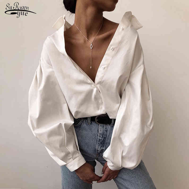 Lantern Sleeve Shirt White Black Sexy Casual Plus Size Blouse Women Turn Down Collar Cardigan Ladies Clothing Female 10903 210508