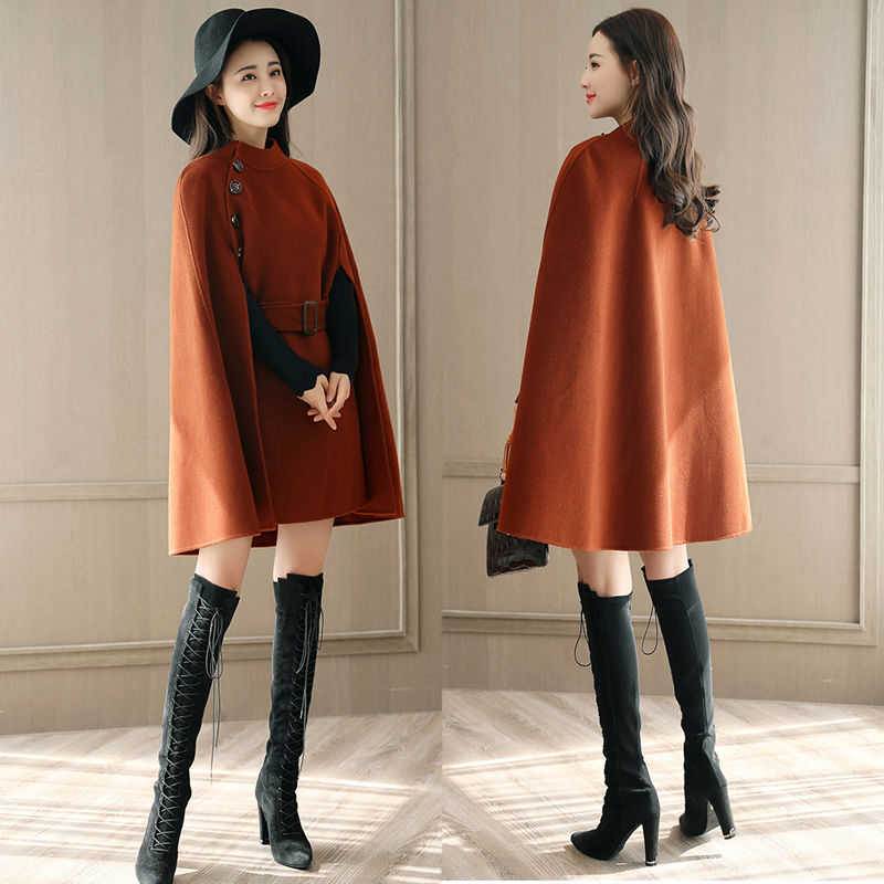 Woolen Shawl Cape Poncho Jacket Women Elegant High Quality Caramel Outerwear Ladies Solid Large Coat Fall Korean 211015