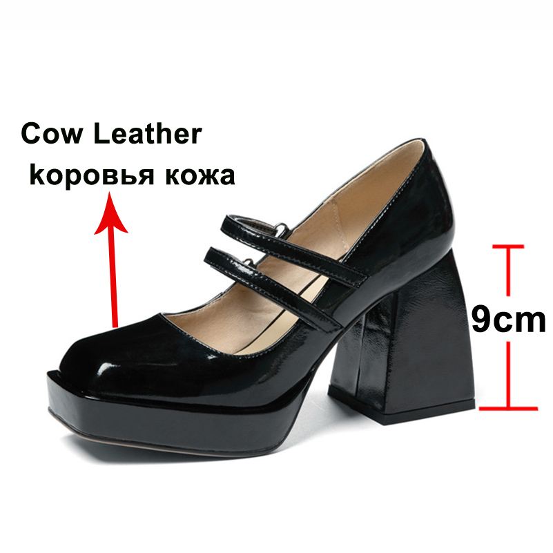 Meotina Real Leather Mary Janes Shoes Extreme High Heels Platform Block Heel Pumps Lady Square Toe Footwear White Black Size 40 210520
