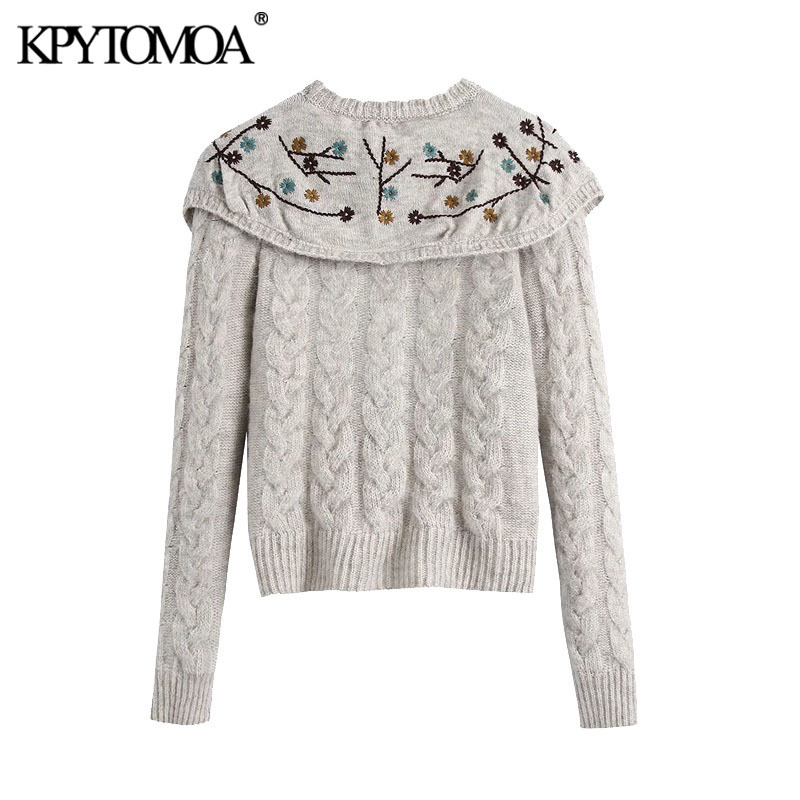 Women Fashion Embroidered Cropped Knitted Sweater Peter Pan Collar Long Sleeve Female Pullovers Chic Tops 210420