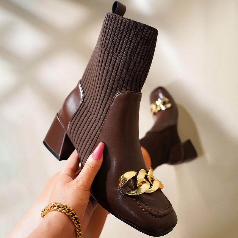 Boots Women's Shoes Autumn 2021 High Heels Fashion Chain Square Toe Sock Pu Leather Knitting Patchwork Brown Women Dress