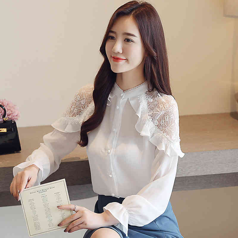 Korean Office Lady Lace Tops White Loose Blouse Solid Stand Collar Chiffon Women Spring Long Sleeve Shirt 7959 50 210506