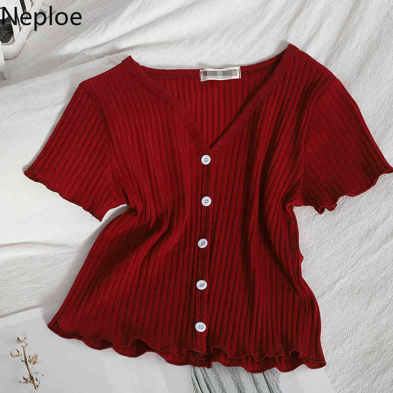 Neploe Shirts for Women Casual Sweet Student Short Sleeve Tops Summer New Korean Style V Neck Ruffles Tshirt Women Tees 210422