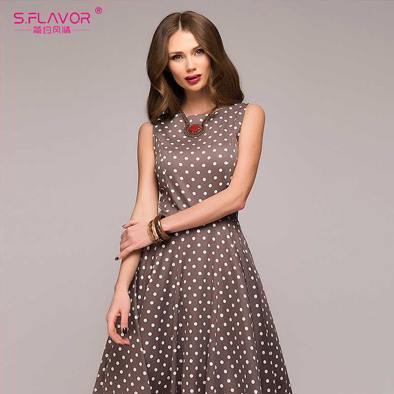 S.FLAVOR Women Vintage Dot Wave Sundress Sleeveless O-neck Summer Vestidos Women Elegant Dot Printing Mid-Calf Casual Dress 210630