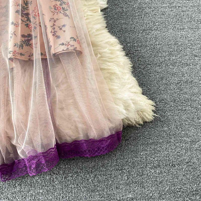 Gagarich Women Dress Summer French Palace Style Ladies Vintage Celebrity Temperament Tie Collar Ruffle Printed Mesh Vestido 210409