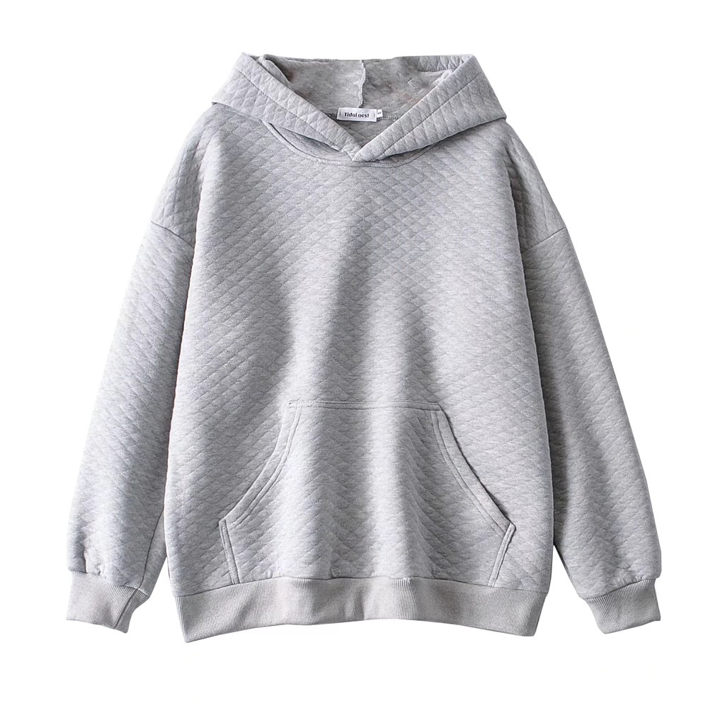 2 Pieces Set Streetwear Quilted Plaid Hooded Sweatshirt Front Pockets Women Hoodies Elastic Waist Sport Pants Causal Jumper Gray 210429