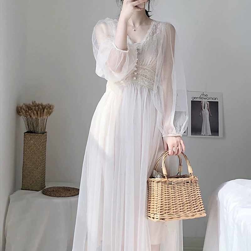 Women Chiffon White Plus Size Dress Elegant Button A-Line Vestidos Solid Puff Sleeve Empire V-Neck Lace Voile Mesh 8126 210518