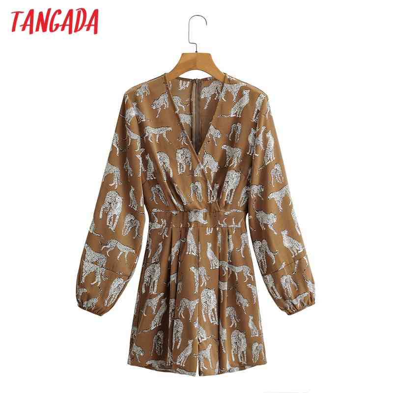 Women Vintage V Neck Animal Playsuits Long Sleeve Rompers Ladies Casual Chic Jumpsuits 1F62 210416